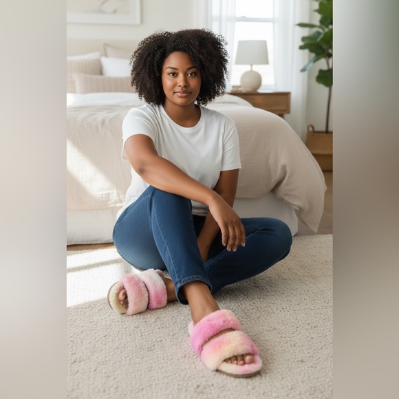Nicole Miller Pink and Cream Fluffy Slippers - Picture 3 of 8